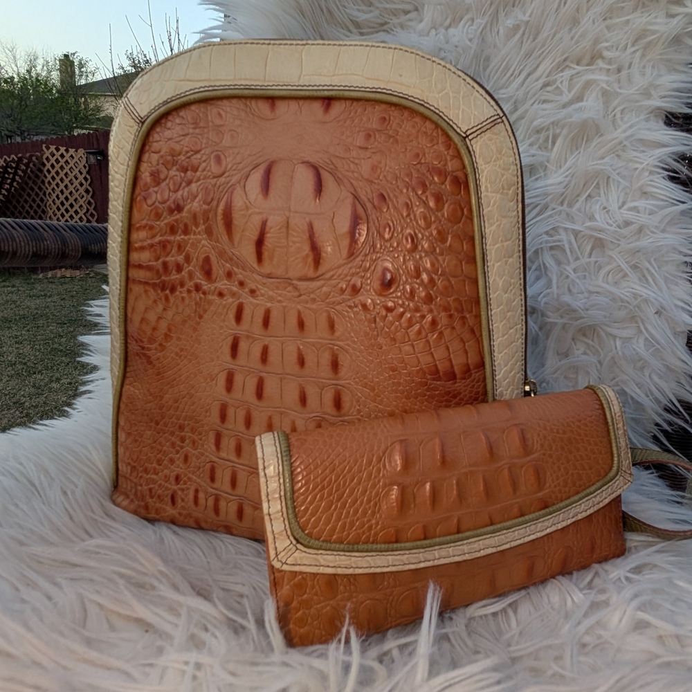 Brahmin Crocodile Pattern Tan & Cream Women's Bag Set